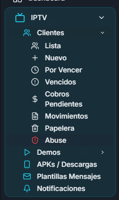 Opción Abuse en el menú de Clientes