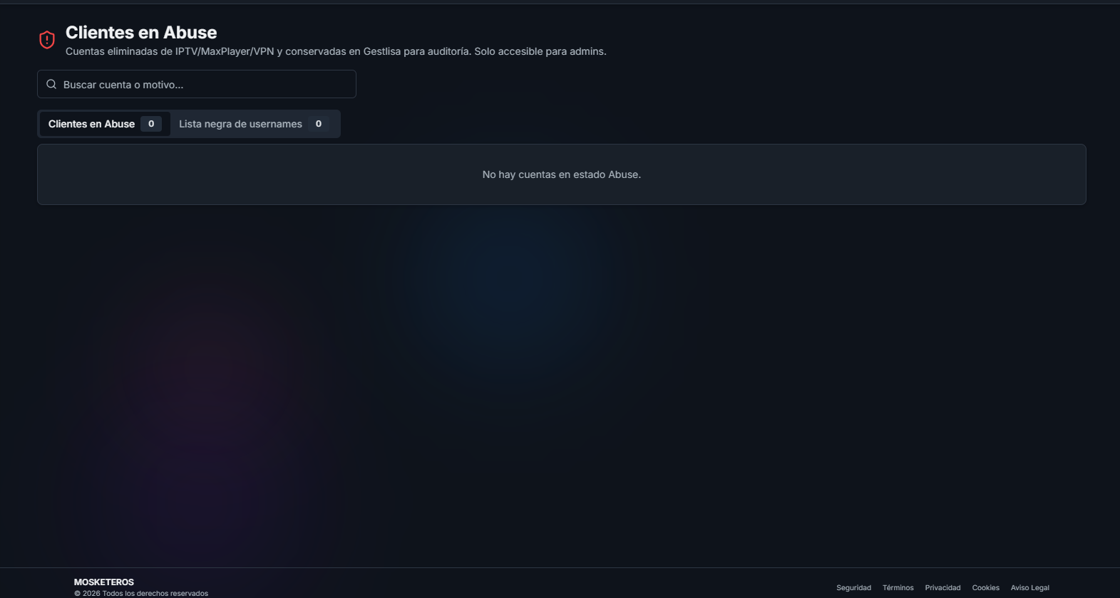 Pantalla Clientes en Abuse