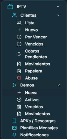 Menú Demos IPTV desplegado