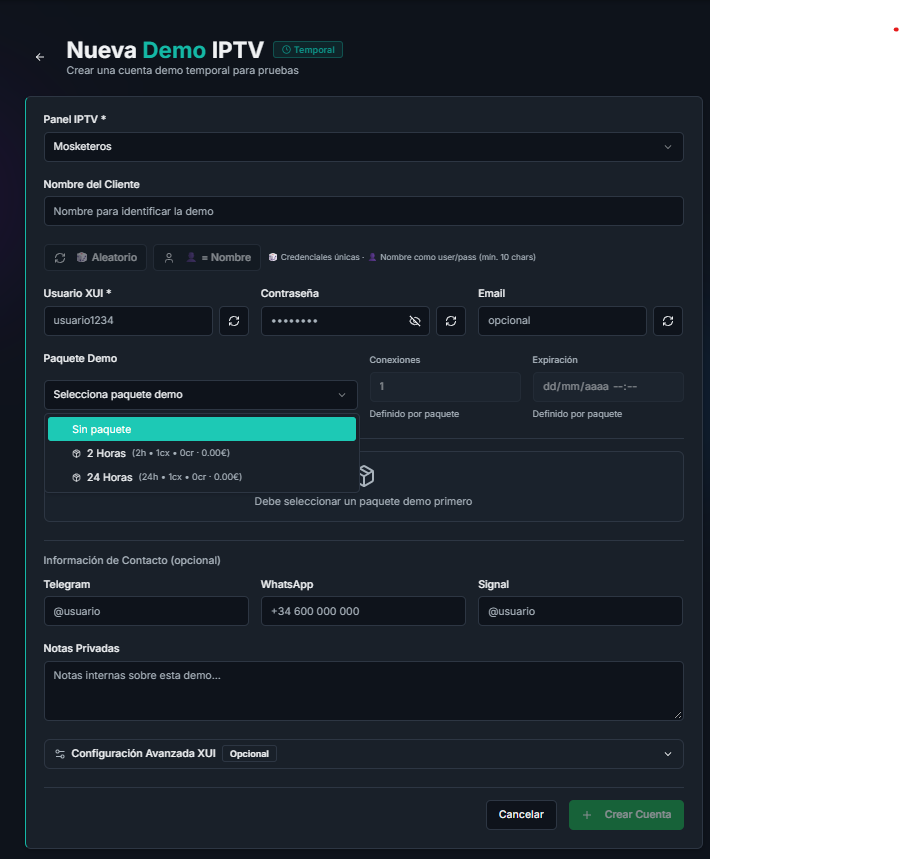 Formulario para crear una nueva demo IPTV