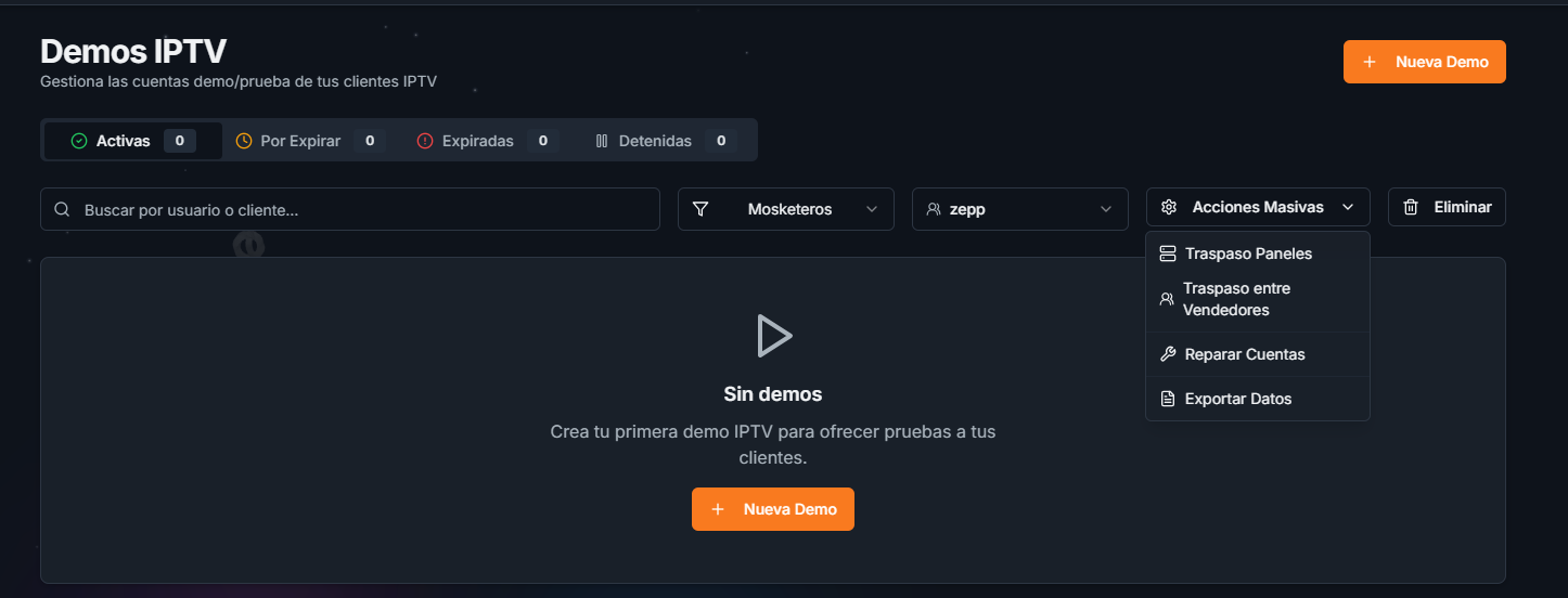 Listado y filtros de demos activas