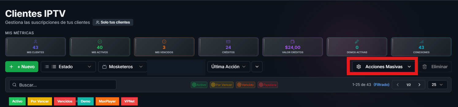Listado y botón Acciones masivas