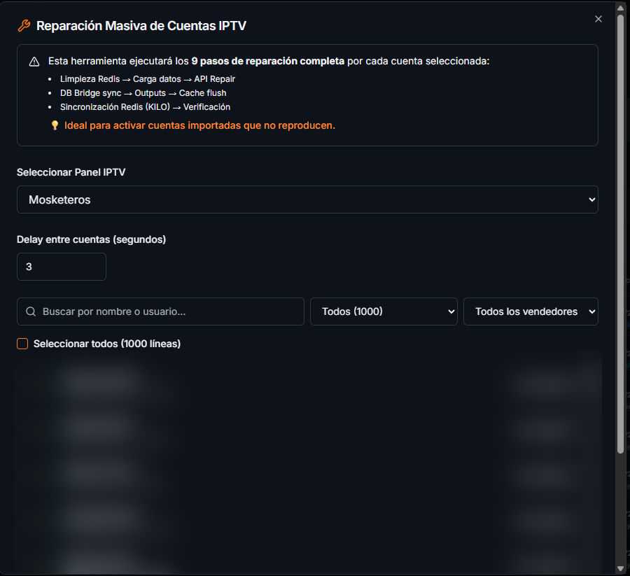 Reparación masiva de cuentas IPTV