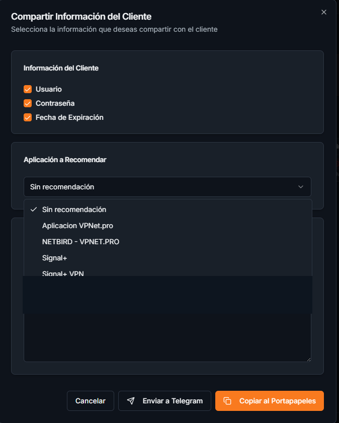 Ventana Compartir información del cliente
