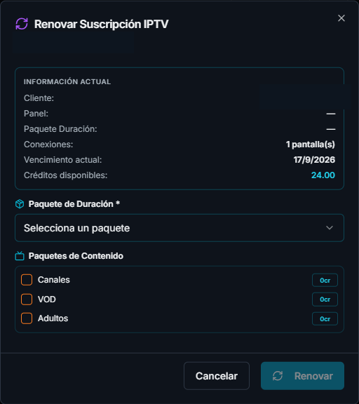 Ventana Renovar suscripción IPTV
