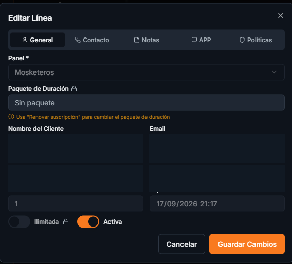 Pestaña General de Editar línea