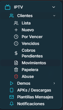 Opción Movimientos en el menú de Clientes