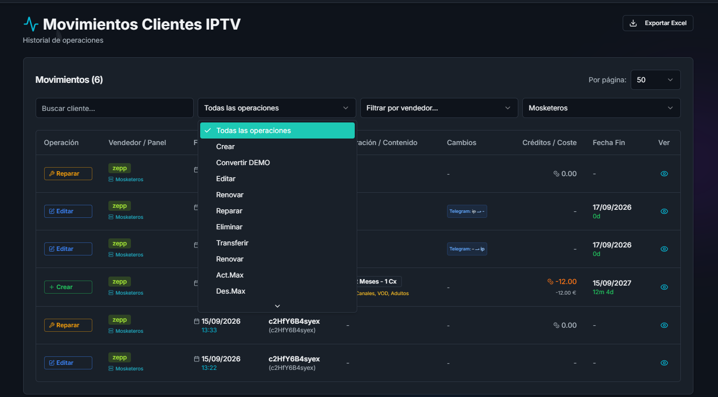 Operaciones principales disponibles en el filtro