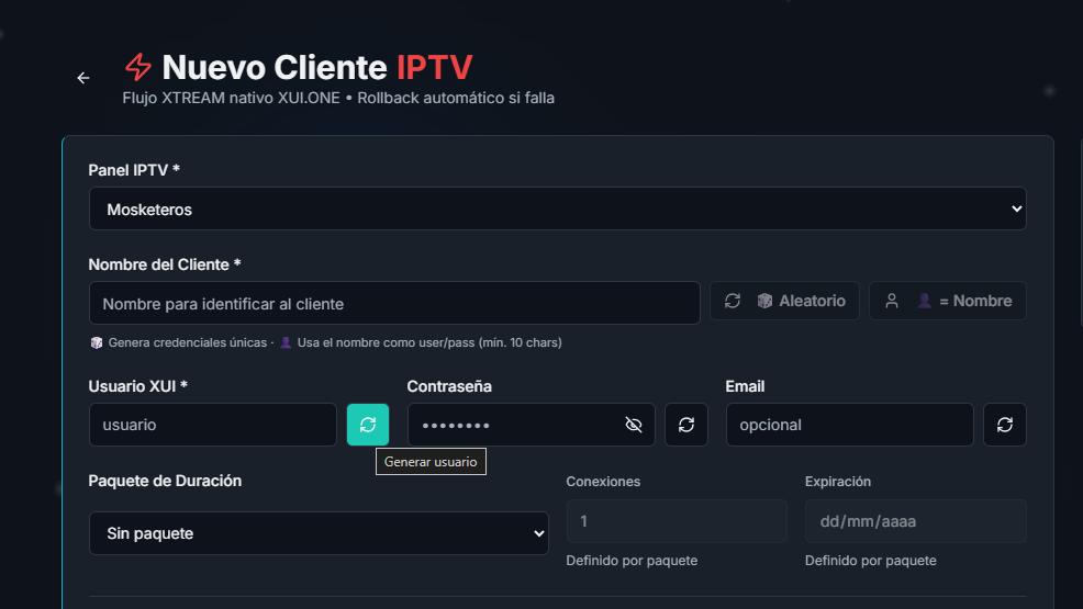 Botón circular para generar el usuario XUI