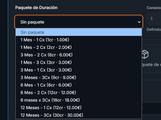 Selector abierto con los paquetes de duración